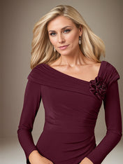 Cabernet Satin Asymmetrical Neck Long Sleeves Floor Length Dress With 3D Flower