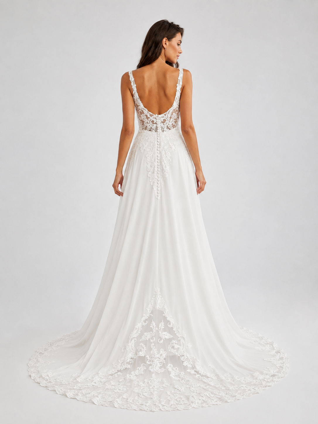 Elegant Deep V-Neck Lace Applique Chiffon A-Line Wedding Dress with Chapel Train