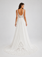 Elegant Deep V-Neck Lace Applique Chiffon A-Line Wedding Dress with Chapel Train