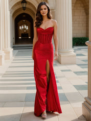 Sweetheart Prom Dresses with Slit Red Mermaid Wedding Guest Dress