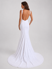 Elegant Deep V-Neck Lace Sheath Wedding Dress with Low Back and Sweep Train
