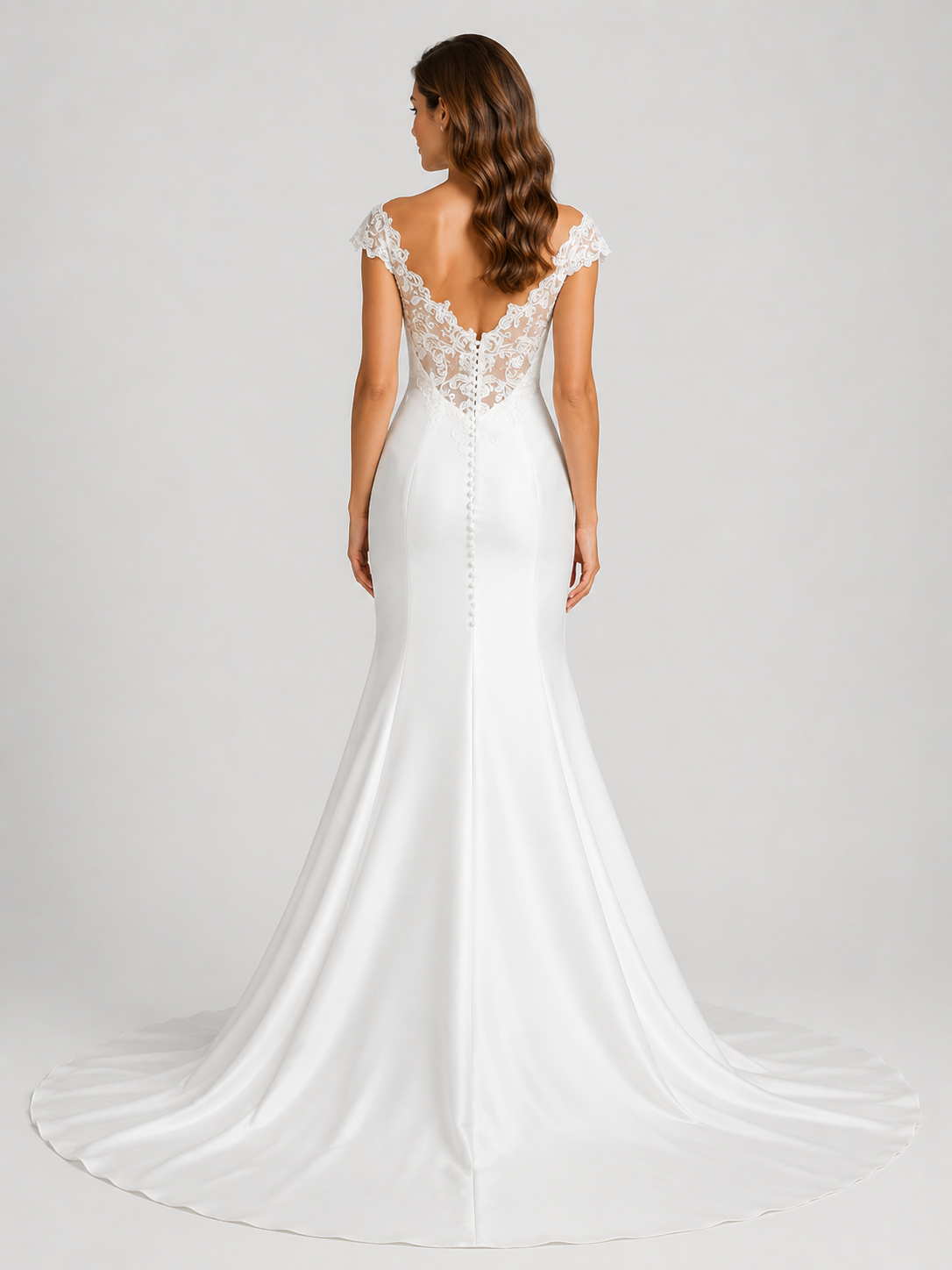 Elegant Off-the-Shoulder Lace-Embellished Satin Mermaid Wedding Dress with Chapel Train