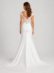 Elegant Off-the-Shoulder Lace-Embellished Satin Mermaid Wedding Dress with Chapel Train