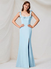Sky Blue Chiffon Square Neck Sleeveless Floor Length Dress With High Slit