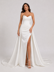 Elegant Strapless Ruched Satin Sheath Wedding Dress with High Slit and Chapel Train