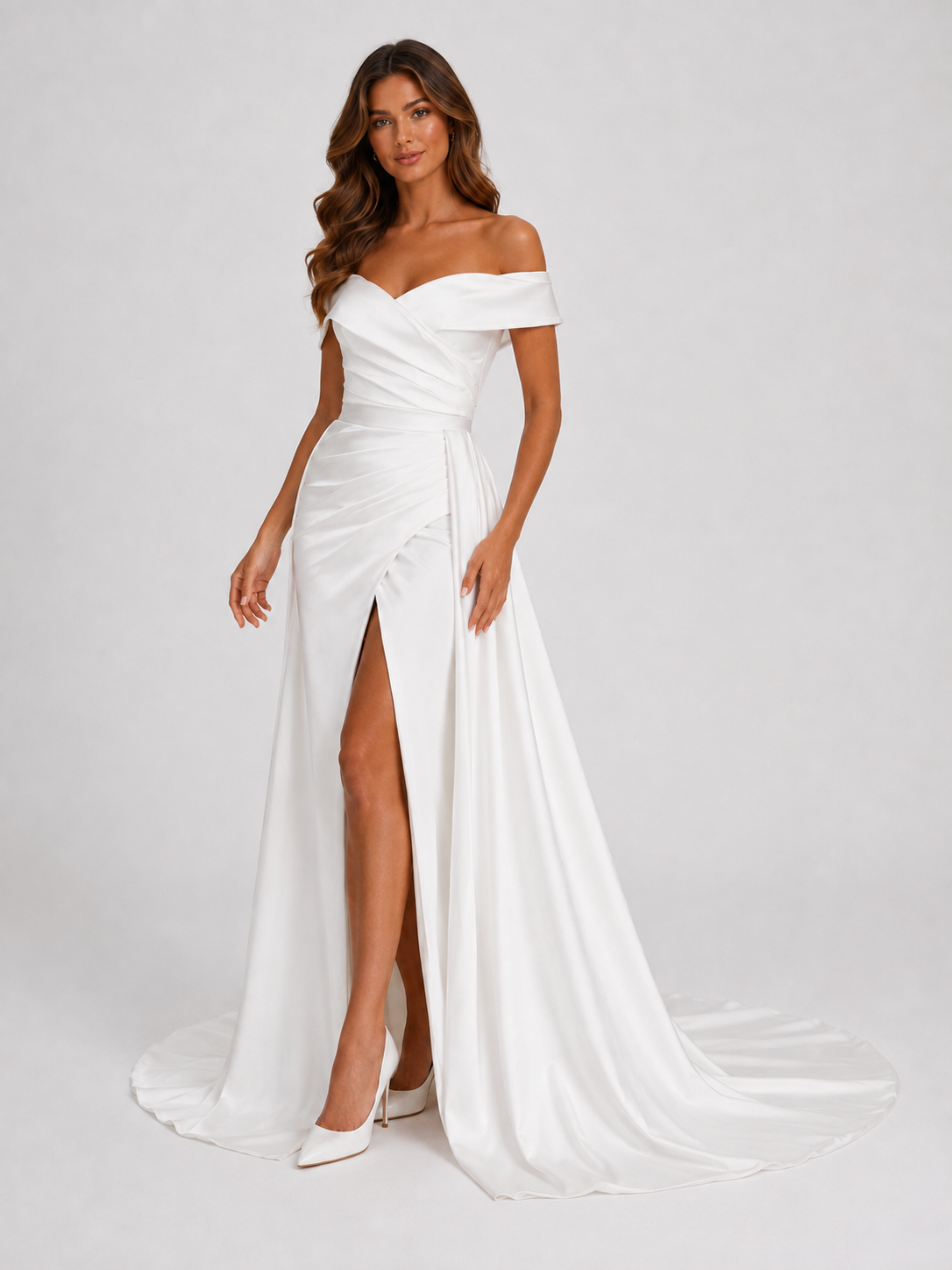 Elegant Off-the-Shoulder Ruched Satin A-Line Wedding Dress with High Slit and Chapel Train
