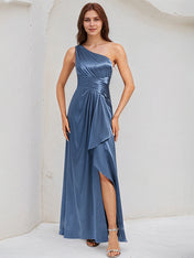 A Line Satin One Shoulder Sleeveless Floor Length Dress With Slit