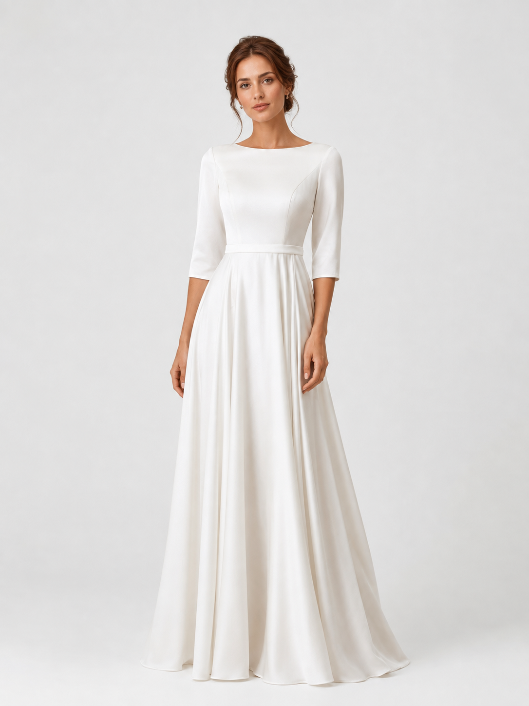 Elegant Boat Neck Satin A-Line Wedding Dress with Half Sleeves and Sweep Train