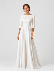 Elegant Boat Neck Satin A-Line Wedding Dress with Half Sleeves and Sweep Train