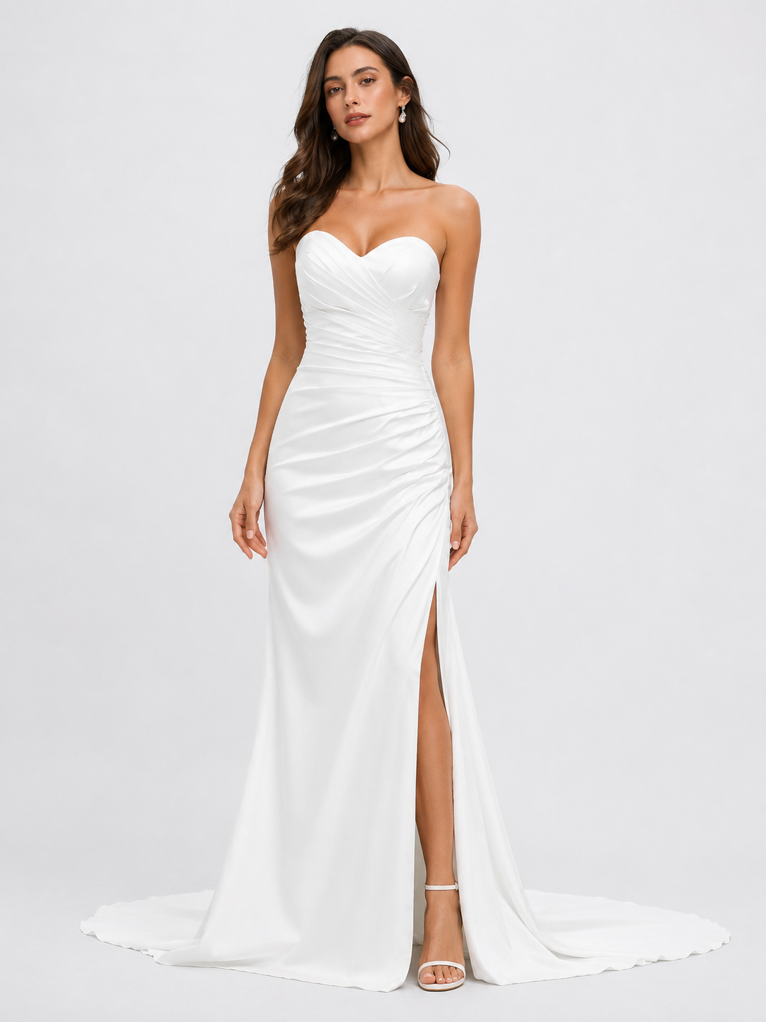 Elegant Strapless Ruched Satin Sheath Wedding Dress with High Slit and Chapel Train