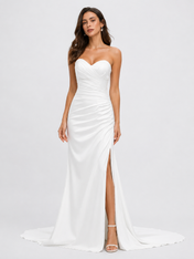 Elegant Strapless Ruched Satin Sheath Wedding Dress with High Slit and Chapel Train