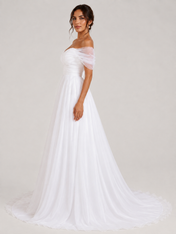 Elegant Ruched Off-the-Shoulder Tulle A-Line Wedding Dress with Sweep Train