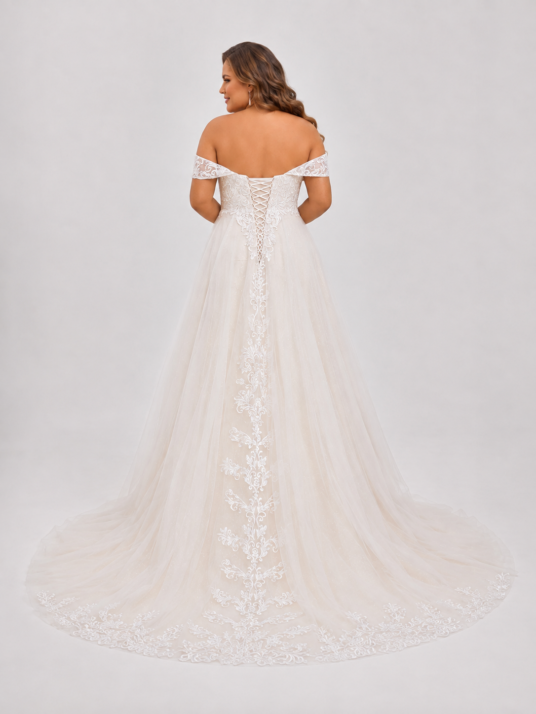 Elegant Off-the-Shoulder Lace Applique A-Line Wedding Dress with Corset Back and Chapel Train