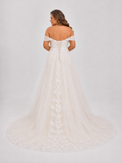 Elegant Off-the-Shoulder Lace Applique A-Line Wedding Dress with Corset Back and Chapel Train
