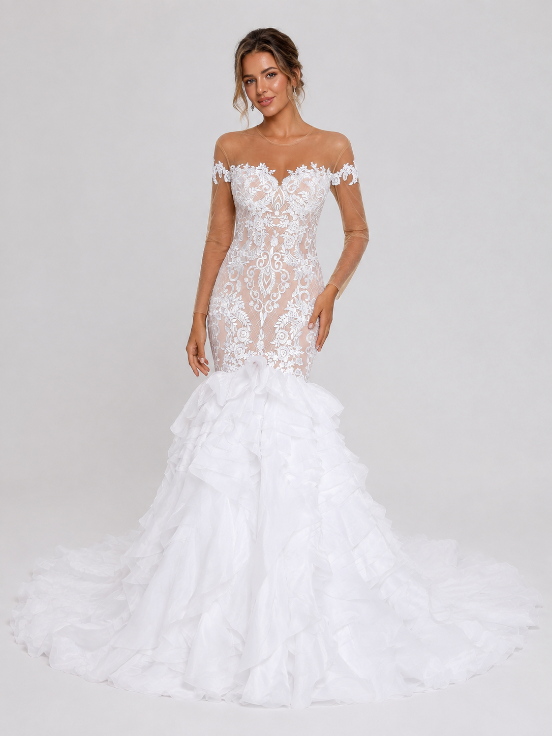 Elegant Illusion Long-Sleeve Lace Applique Mermaid Wedding Dress with Ruffled Tiered Sweep Train