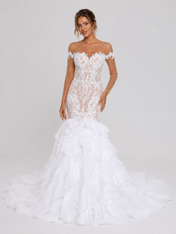 Elegant Illusion Long-Sleeve Lace Applique Mermaid Wedding Dress with Ruffled Tiered Sweep Train