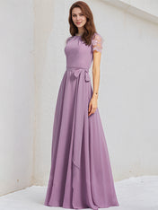 Wisteria A-Line Scoop Floor-Length Lace Chiffon Bridesmaid Dress