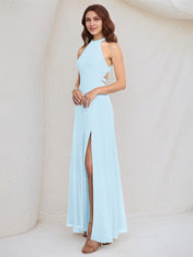 A Line Sky Blue Chiffon Halter Neck Sleeveless Floor Length Dress With High Slit