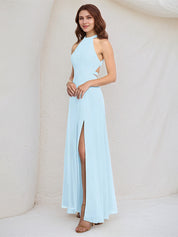 A Line Sky Blue Chiffon Halter Neck Sleeveless Floor Length Dress With High Slit