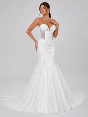 Elegant Strapless Sheer Corset Lace Mermaid Wedding Dress with Chapel Train