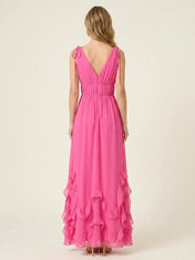 V-Neck Ruffled Hem A-Line Gown Bridesmaid Dress