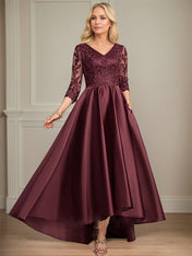 A-line V-Neck Asymmetrical Satin Lace Mother of the Bride Dress With Sequins