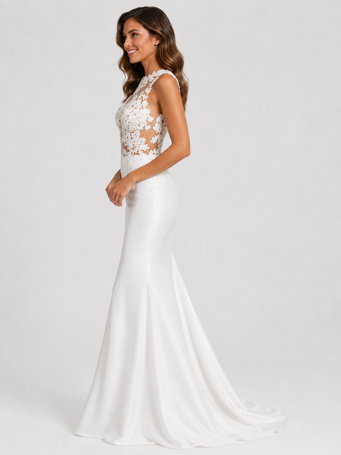 Elegant High-Neck Illusion Lace Crepe Mermaid Wedding Dress with Sweep Train