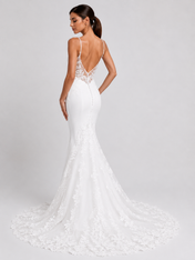 Elegant V-Neck Lace Applique Satin Mermaid Wedding Dress with Sweep Train