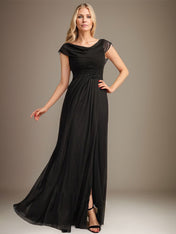 A-line Scoop Floor-Length Chiffon Mother of the Bride Dress With Pleated Beading