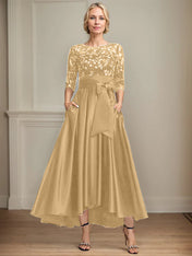A-line Scoop Illusion Asymmetrical Satin Lace Mother of the Bride Dress With Bow