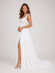 Elegant Scoop Neck Lace Applique Chiffon A-Line Wedding Dress with High Slit and Sweep Train