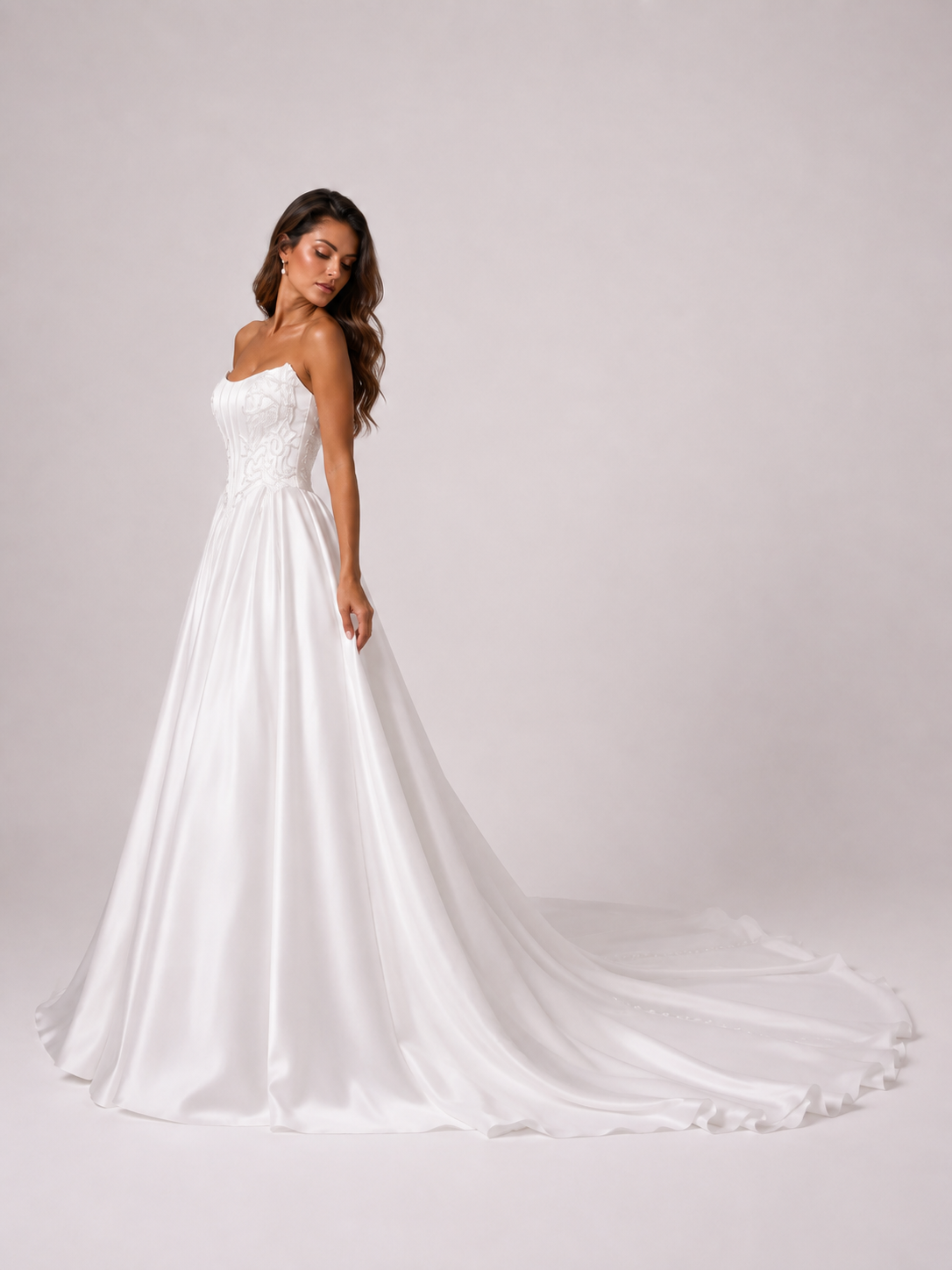 Elegant Strapless Embroidered Bodice Satin A-Line Wedding Dress with Chapel Train
