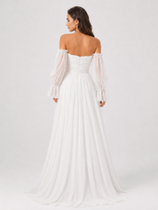 Elegant Off-the-Shoulder Long Sleeve Ruched Chiffon A-Line Wedding Dress with Sweep Train