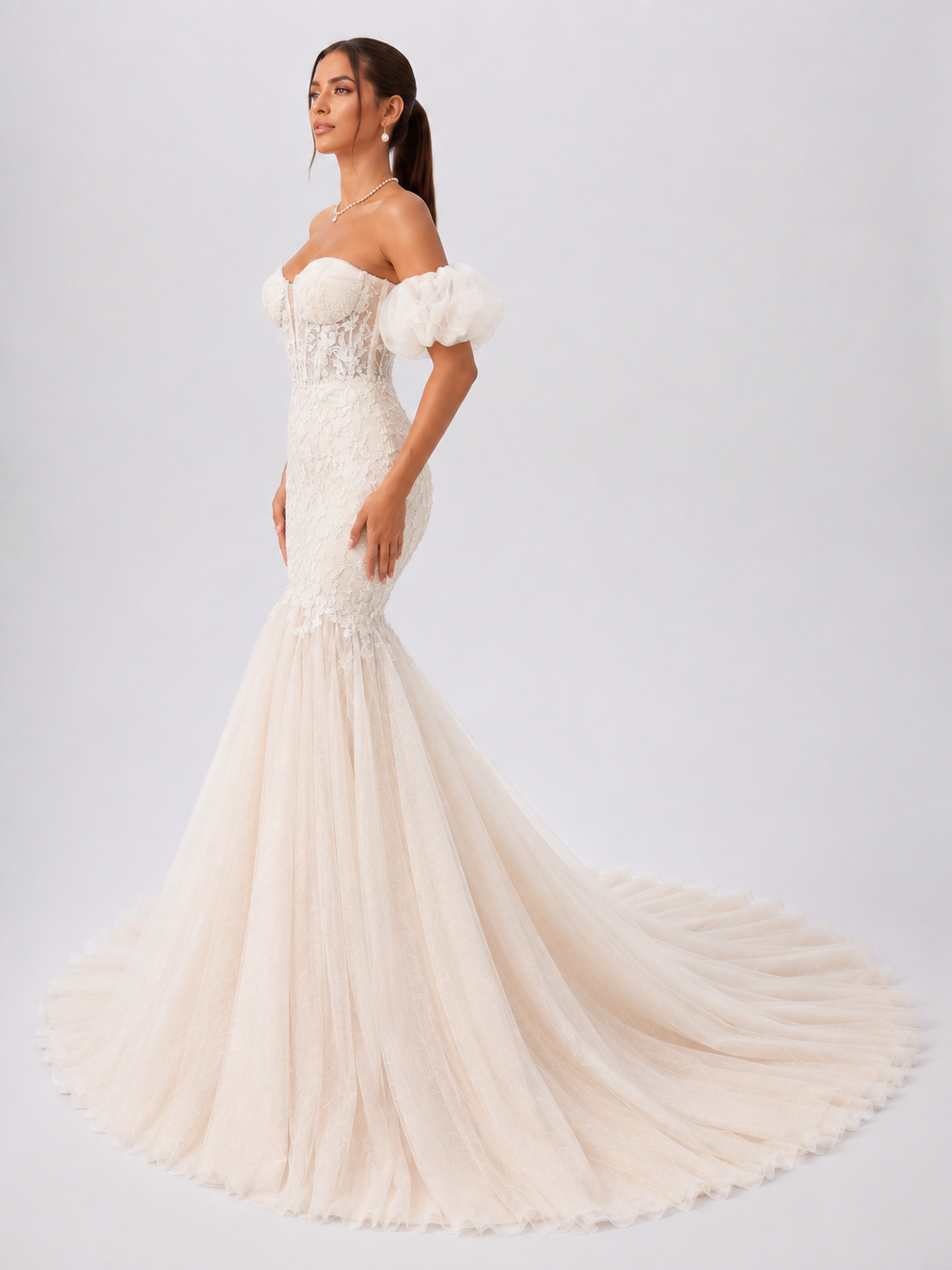 Elegant Off-the-Shoulder Detachable Puff Sleeve Lace Mermaid Wedding Dress with Chapel Train