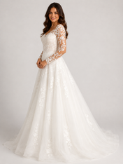 Elegant Long-Sleeve Lace Applique Tulle A-Line Wedding Dress with Chapel Train