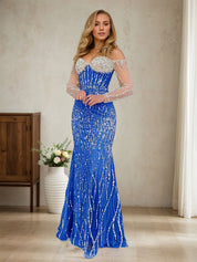 Sparkly Champagne Mermaid Off the Shoulder Long Prom Dress With Corset