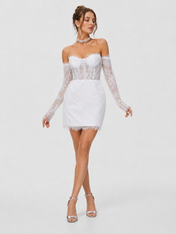 Elegant Off-the-Shoulder Corset Lace Mini Wedding Dress with Long Sleeves