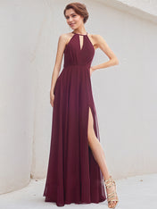 Mulberry A-Line Halter Floor-Length Chiffon Bridesmaid Dress