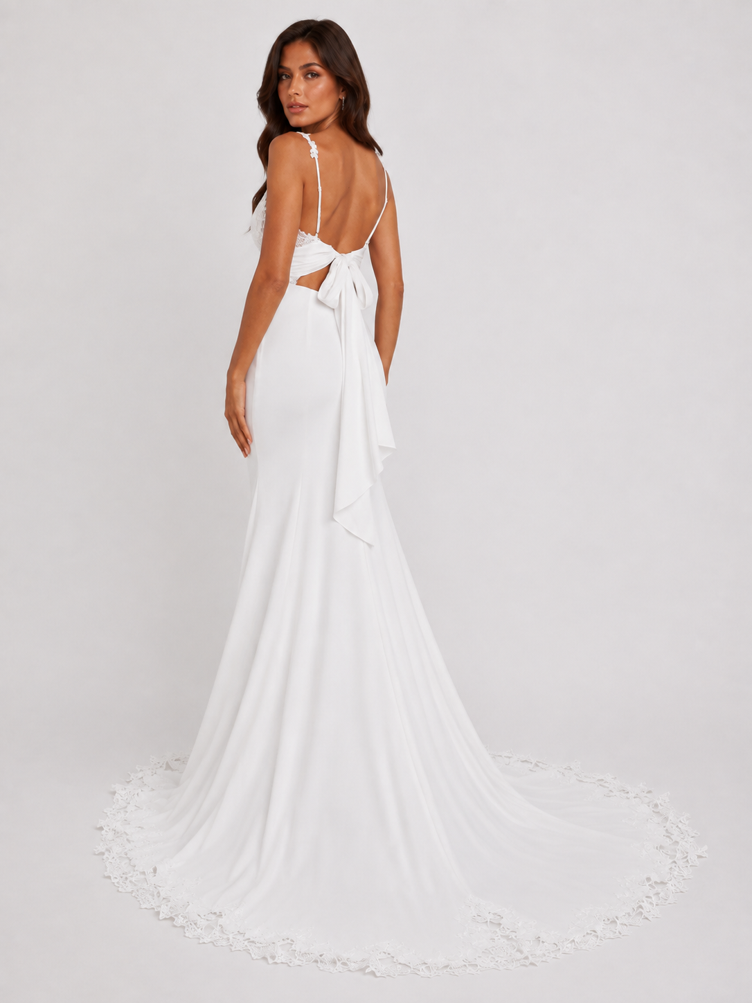 Elegant V-Neck Lace and Satin Mermaid Wedding Dress with Bow Back and Chapel Train