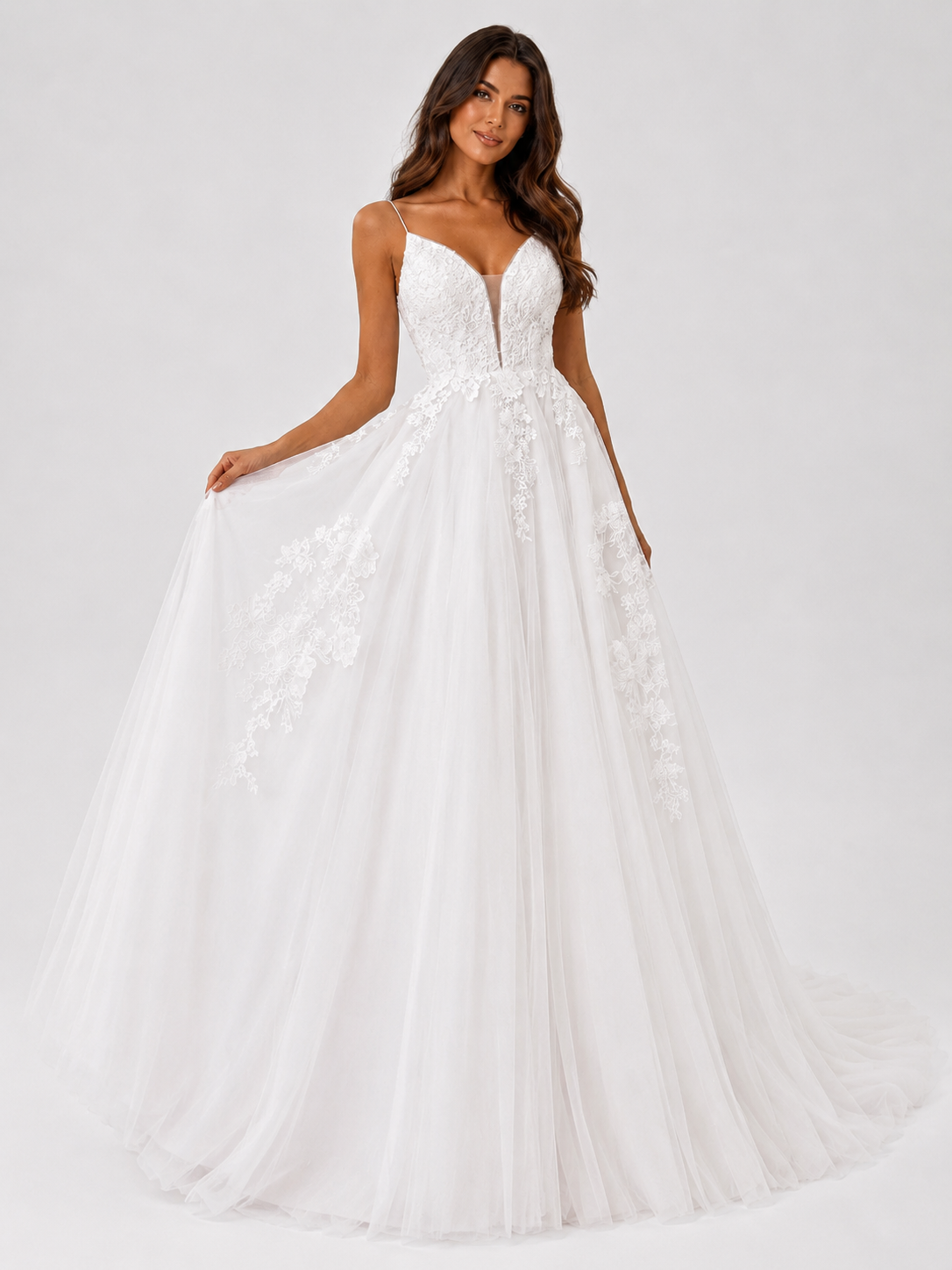 Elegant Spaghetti Strap Lace Appliqué A-Line Wedding Dress with Sweep Train