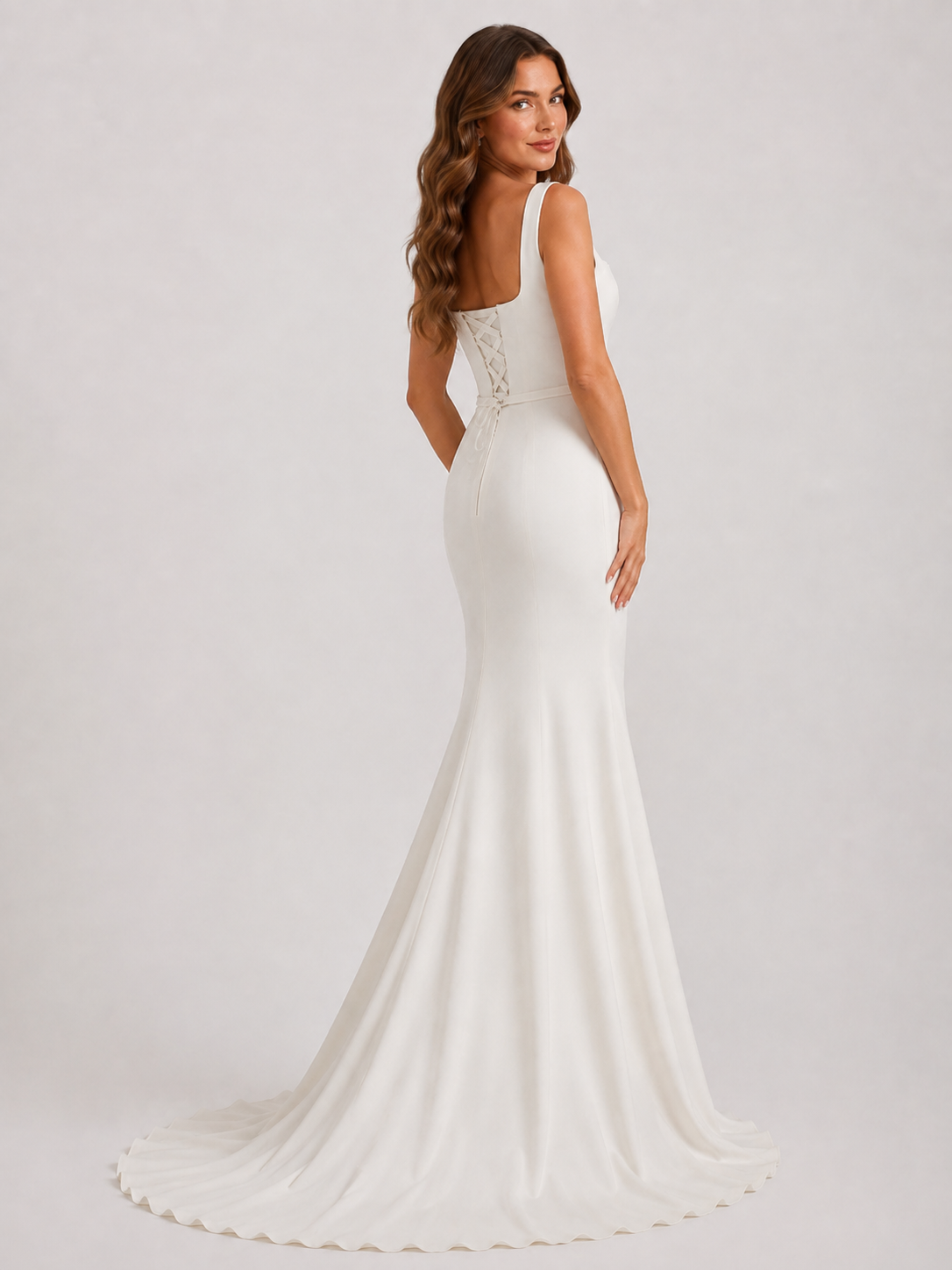 Elegant Square Neck Satin Sheath Wedding Dress with Lace-Up Back and Chapel Train