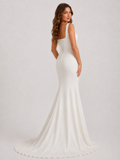 Elegant Square Neck Satin Sheath Wedding Dress with Lace-Up Back and Chapel Train