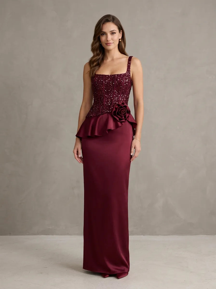 Burgundy Sequin Square Neck Peplum Evening Dress