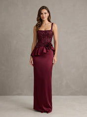 Burgundy Sequin Square Neck Peplum Evening Dress
