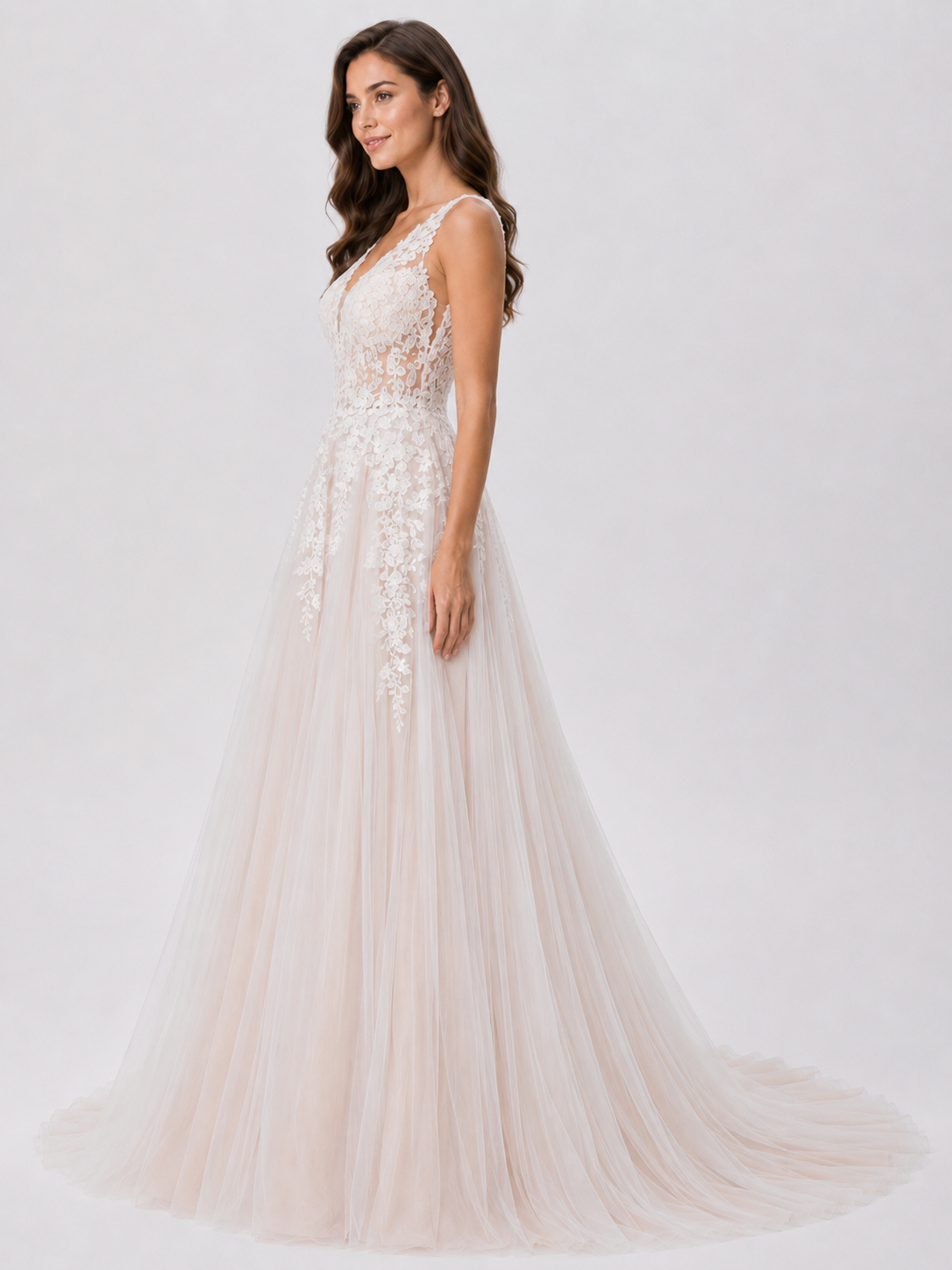 Elegant Illusion V-Neck Lace Applique A-Line Wedding Dress with Chapel Train