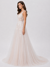 Elegant Illusion V-Neck Lace Applique A-Line Wedding Dress with Chapel Train
