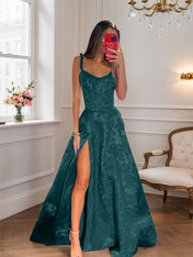 Hot Pink A Line Floral Long Prom Dress with High Slit