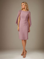 Mauve Sheath/Column Chiffon Bateau Neck Cape Sleeves Knee Length Dress With