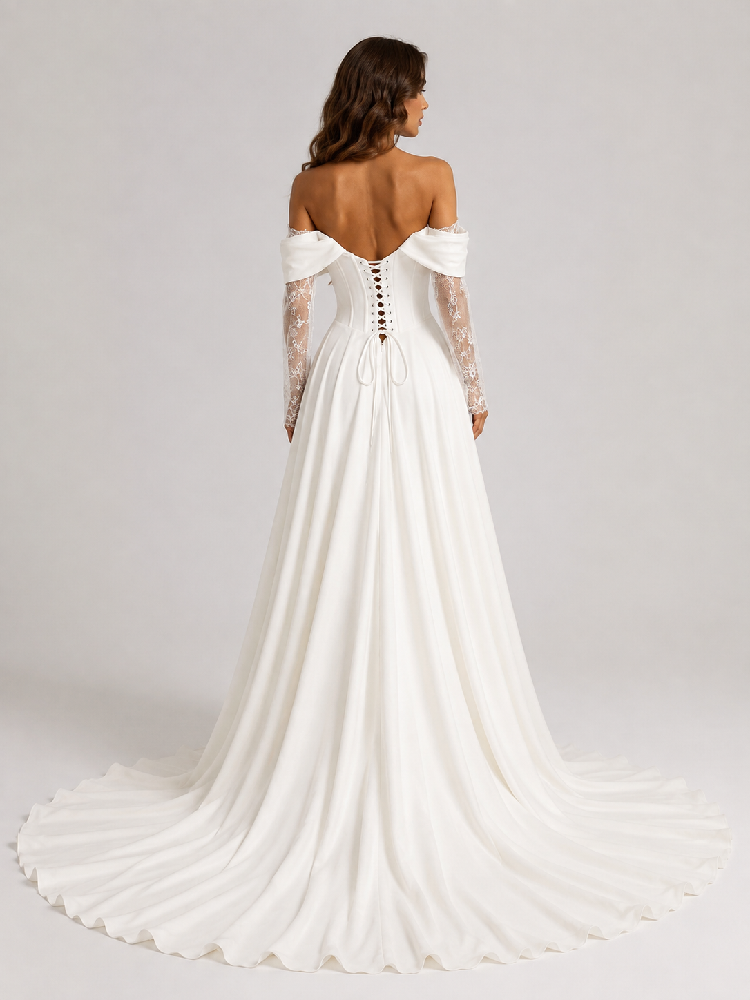 Elegant Off-the-Shoulder Corset Satin A-Line Wedding Dress with Lace Sleeves and High Slit