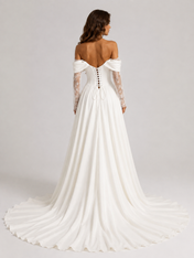 Elegant Off-the-Shoulder Corset Satin A-Line Wedding Dress with Lace Sleeves and High Slit